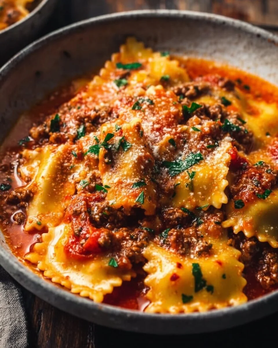 A bowl of creamy lasagna soup with cheese and herbs, ready to serve.