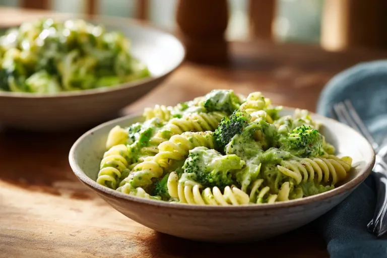 Plate of easy healthy broccoli pasta topped with parmesan cheese