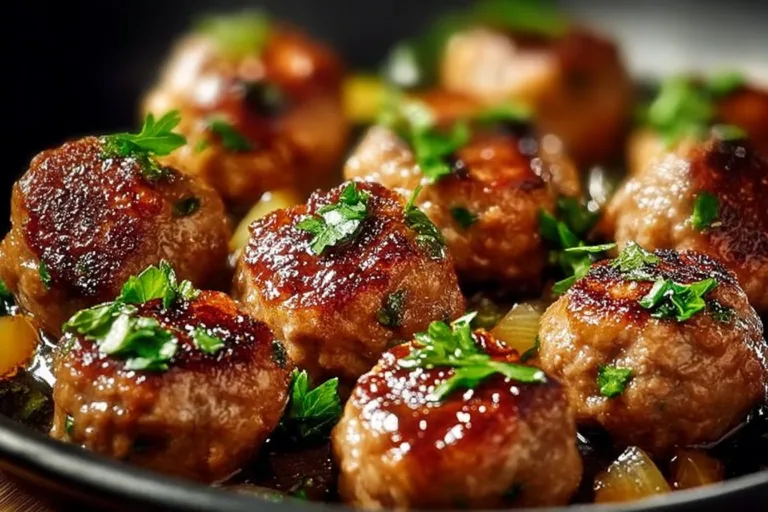 Delicious low carb high protein meatballs on a plate garnished with herbs.