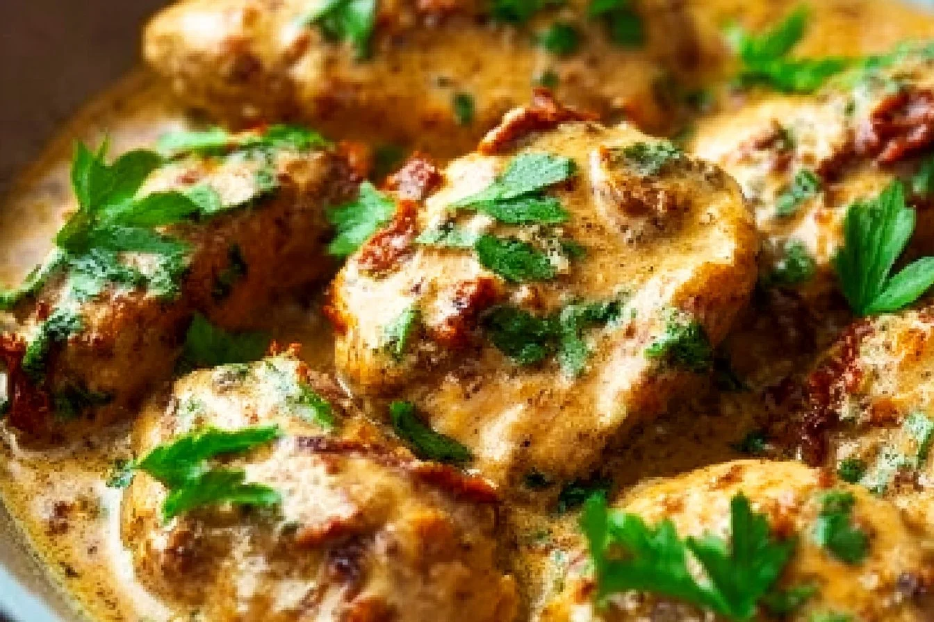 Delicious Marry Me Chicken served with creamy sauce and herbs on a plate