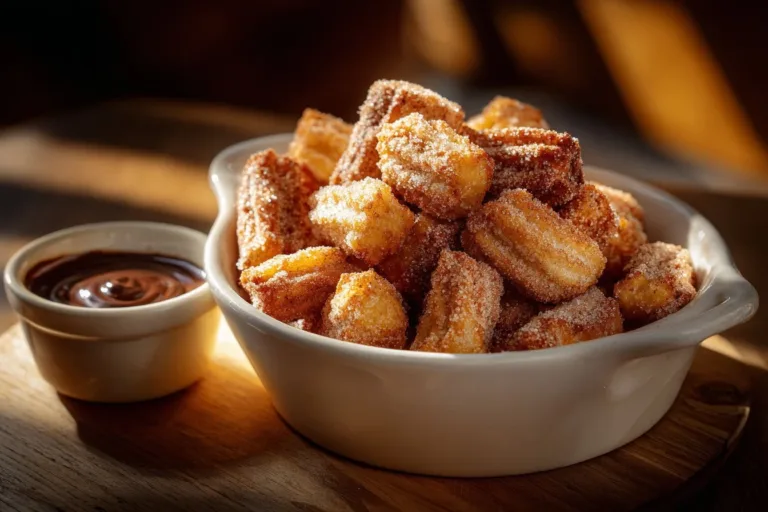 Fluffy air fryer churro bites coated in cinnamon sugar
