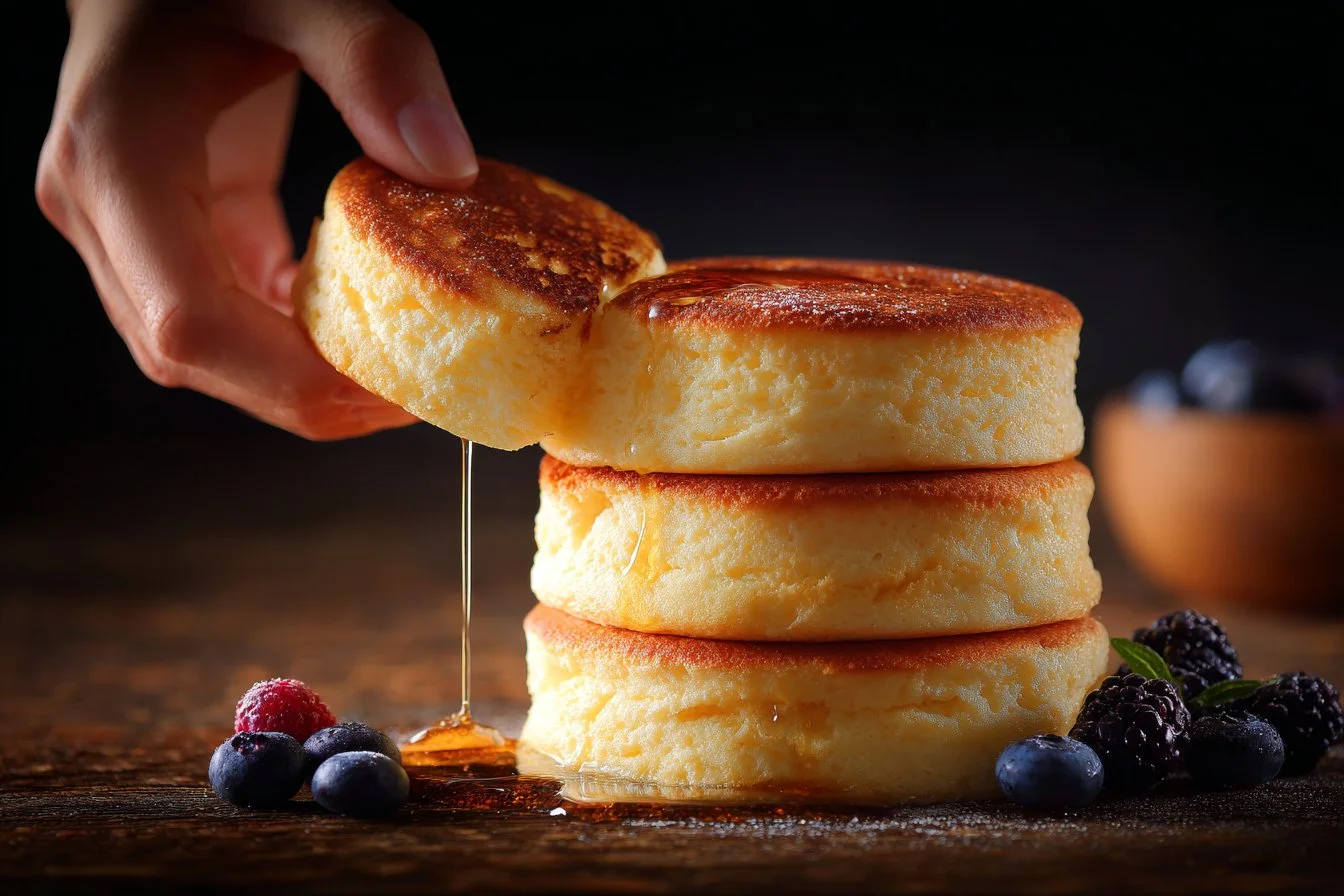 Fluffy Japanese soufflé pancakes stacked on a plate with syrup