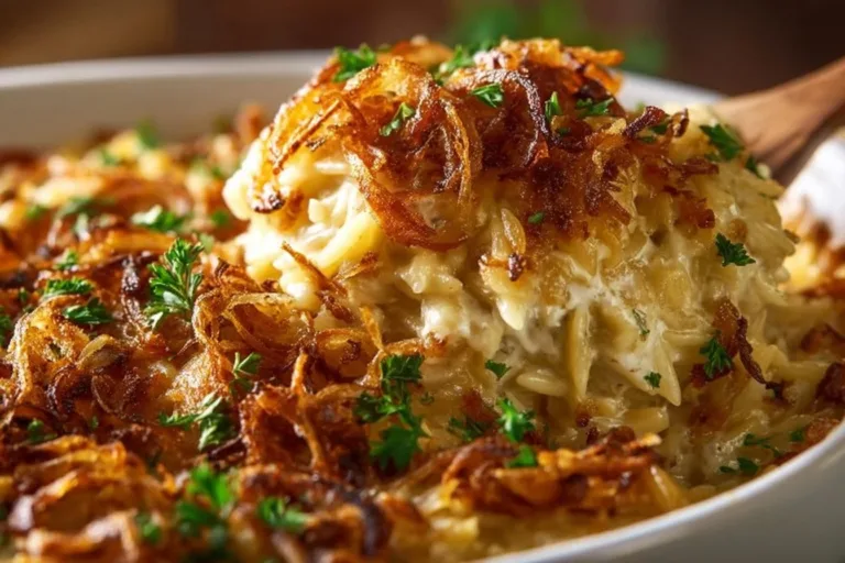 Delicious French onion chicken orzo casserole ready to serve