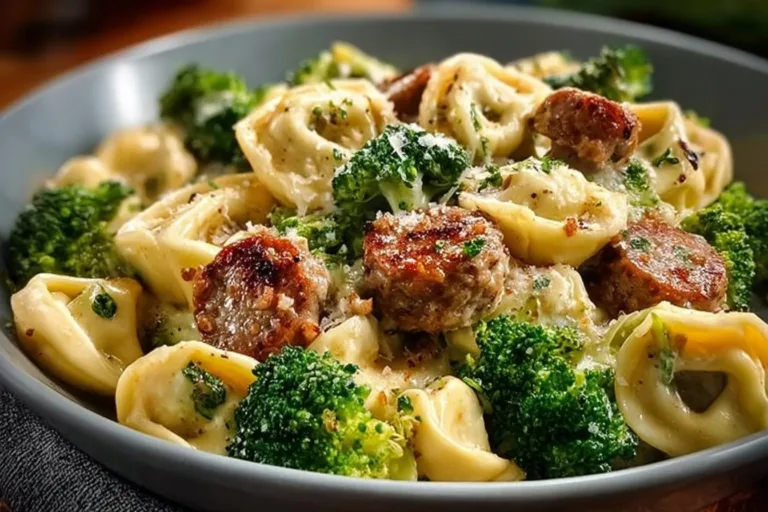 Garlic Parmesan Tortellini with sausage and broccoli in a creamy sauce