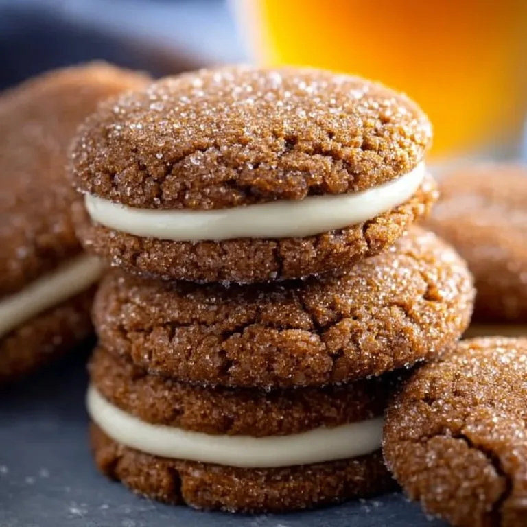 Ginger Molasses Sandwich Cookies with Eggnog Frosting on a festive plate