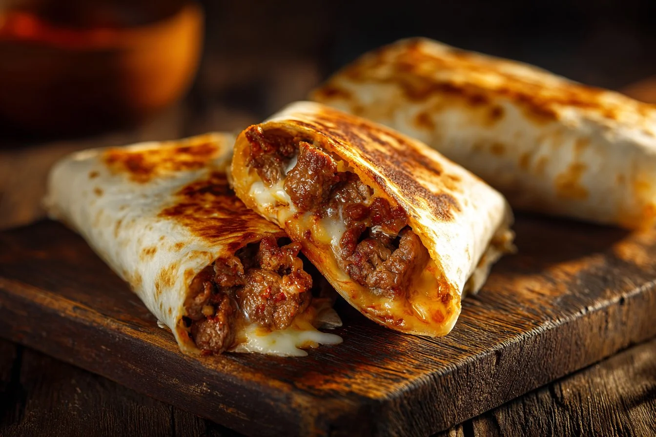 Delicious grilled cheese burrito topped with melted cheese and savory fillings.