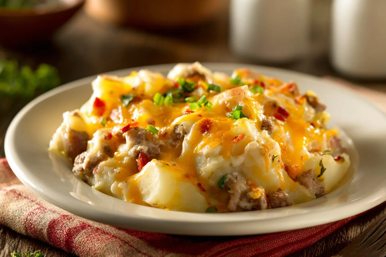 Delicious ground beef and potatoes casserole served in a baking dish