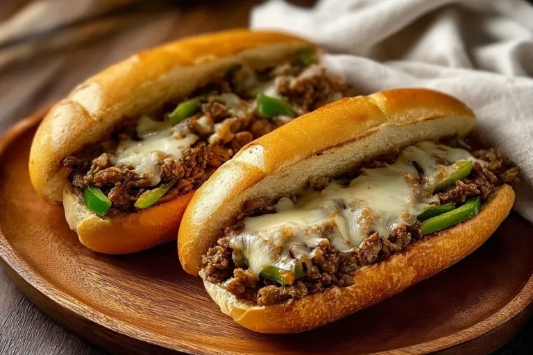 Delicious ground beef Philly cheesesteaks ready to serve with melted cheese and toppings.