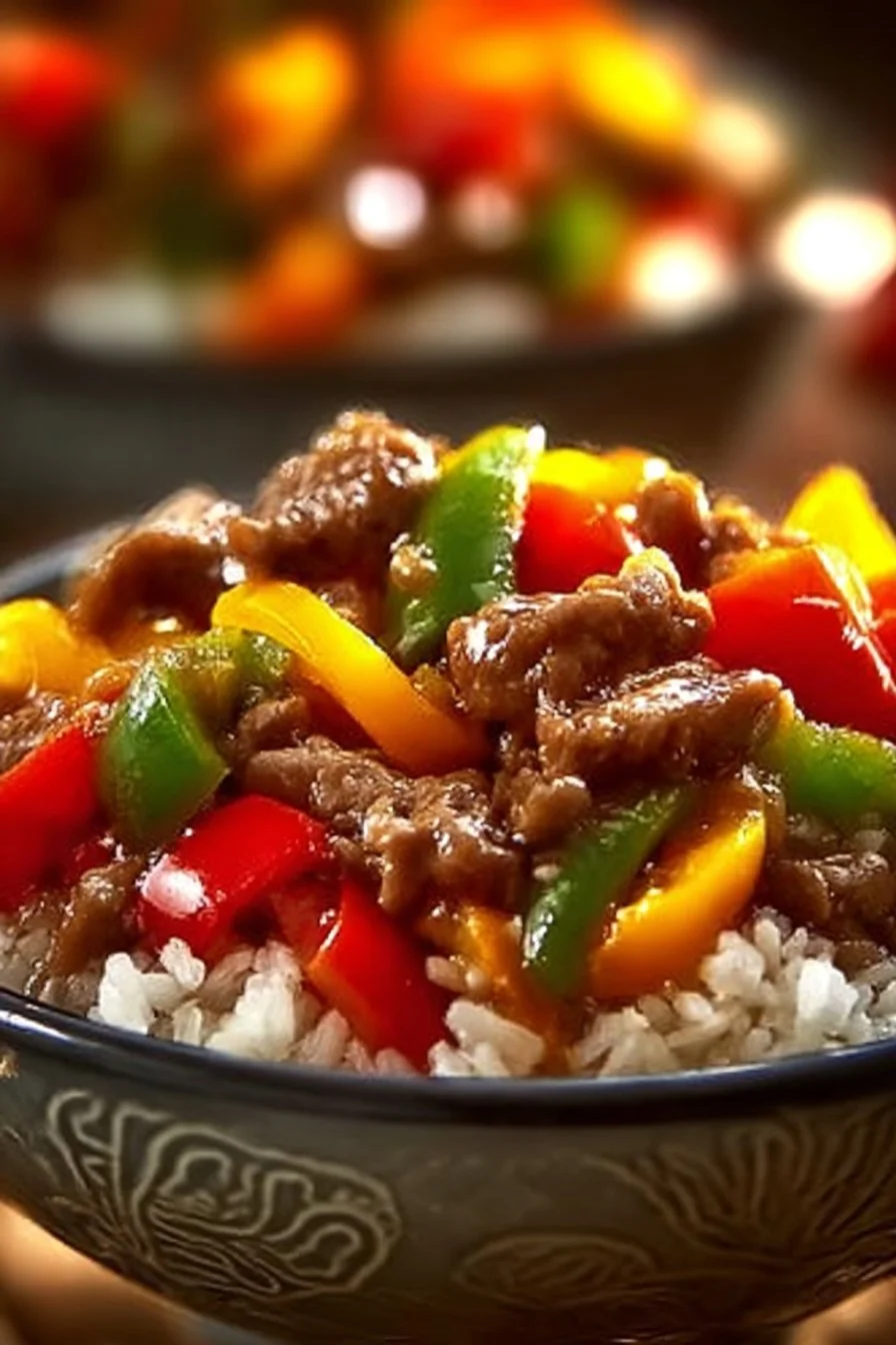 Healthy Beef and Pepper Rice Bowl with colorful vegetables and rice