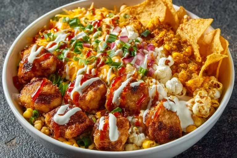 High-protein chicken taco bowl with fresh vegetables and seasonings