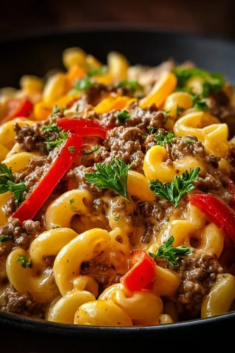 Creamy Philly Cheesesteak Mac & Cheese served in a bowl