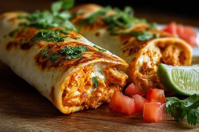 High protein low calorie cheesy buffalo chicken burritos on a plate