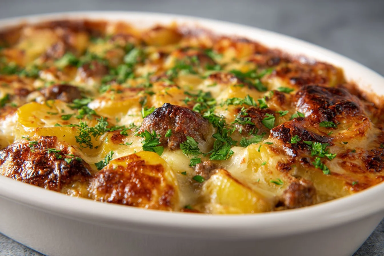 Delicious hobo casserole prepared with ground beef and vegetables.