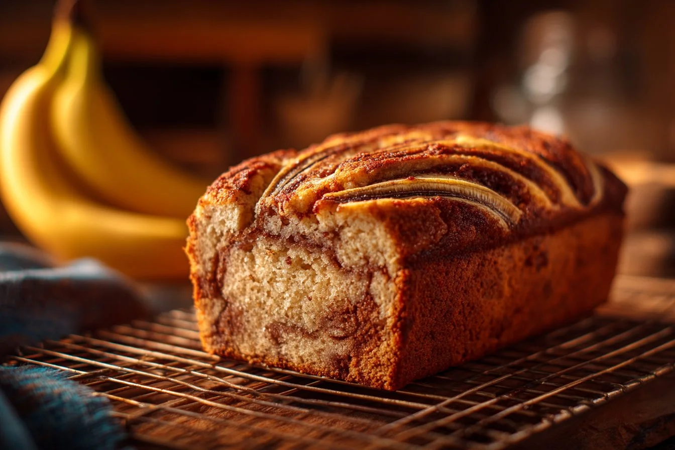 Freshly baked homemade cinnamon swirl banana bread loaf on a wooden table