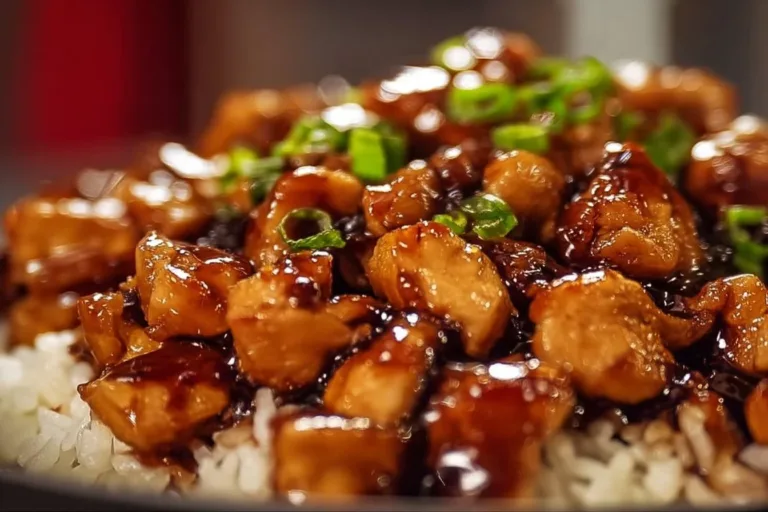 Delicious Honey BBQ Chicken served with fluffy rice and garnished with herbs.