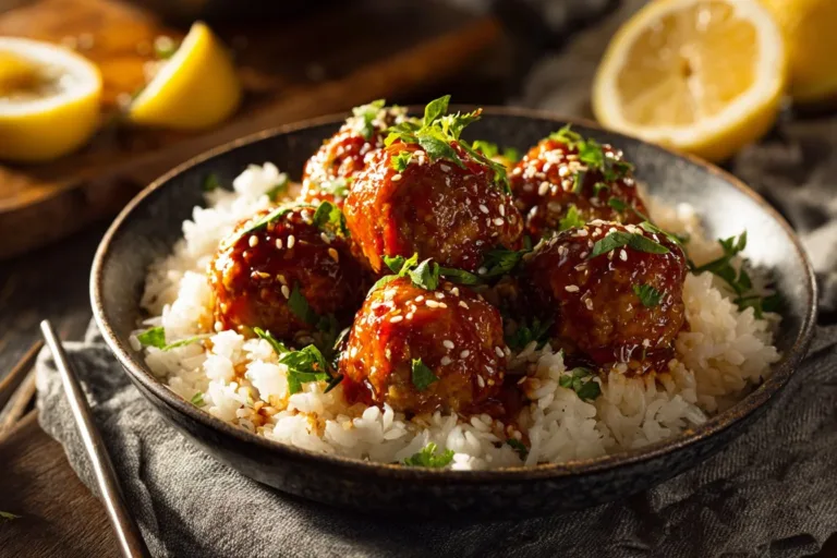 Plate of honey garlic turkey meatballs garnished with green onions