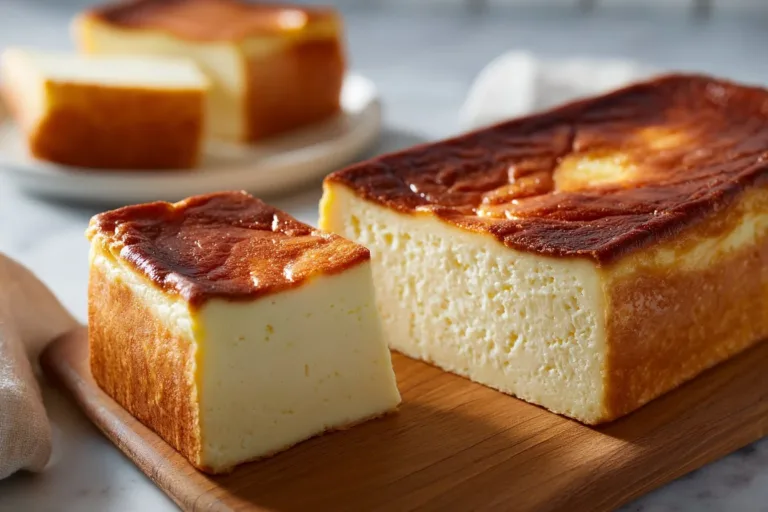 Indulgent burnt basque cheesecake in a loaf pan served on a plate