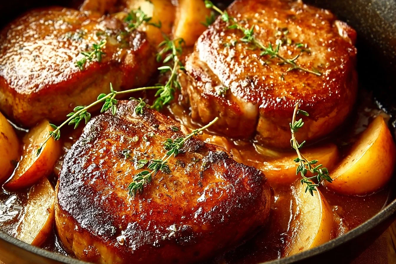 Juicy apple butter pork chops served on a plate with herbs and apples