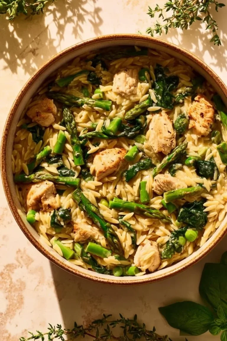 Juicy high protein chicken orzo served in a bowl with fresh vegetables
