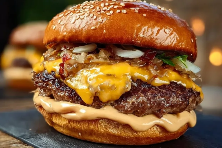 Juicy smash burger with toppings on a plate