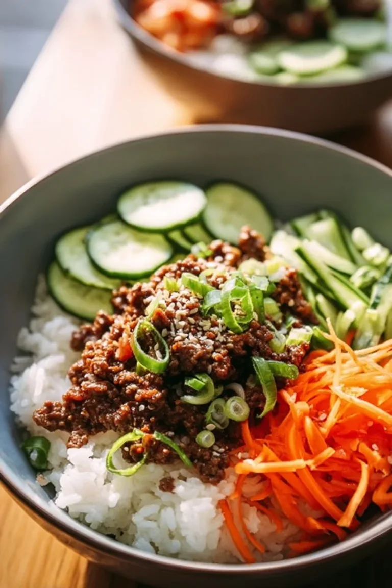 Delicious Korean Ground Beef Bowl topped with vegetables and sesame seeds.