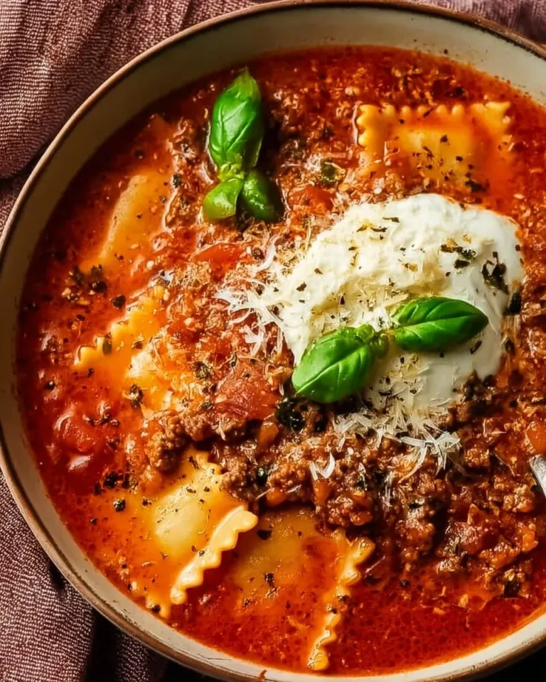 A bowl of delicious lasagna soup topped with cheese and herbs.