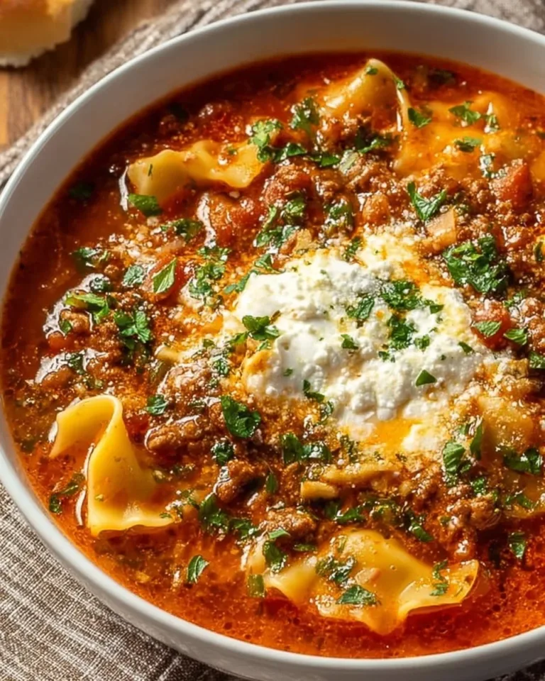 Bowl of lasagna soup topped with cheese and herbs, showcasing savory ingredients.