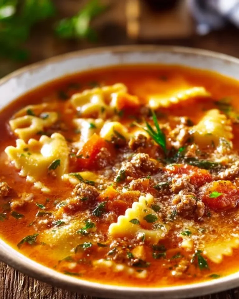 Bowl of hearty and delicious lasagna soup garnished with fresh herbs and cheese