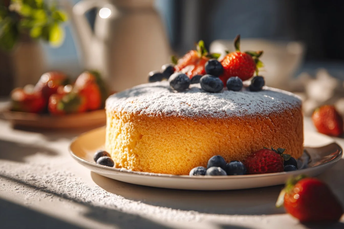 Light and fluffy sponge cake on a decorative dessert plate