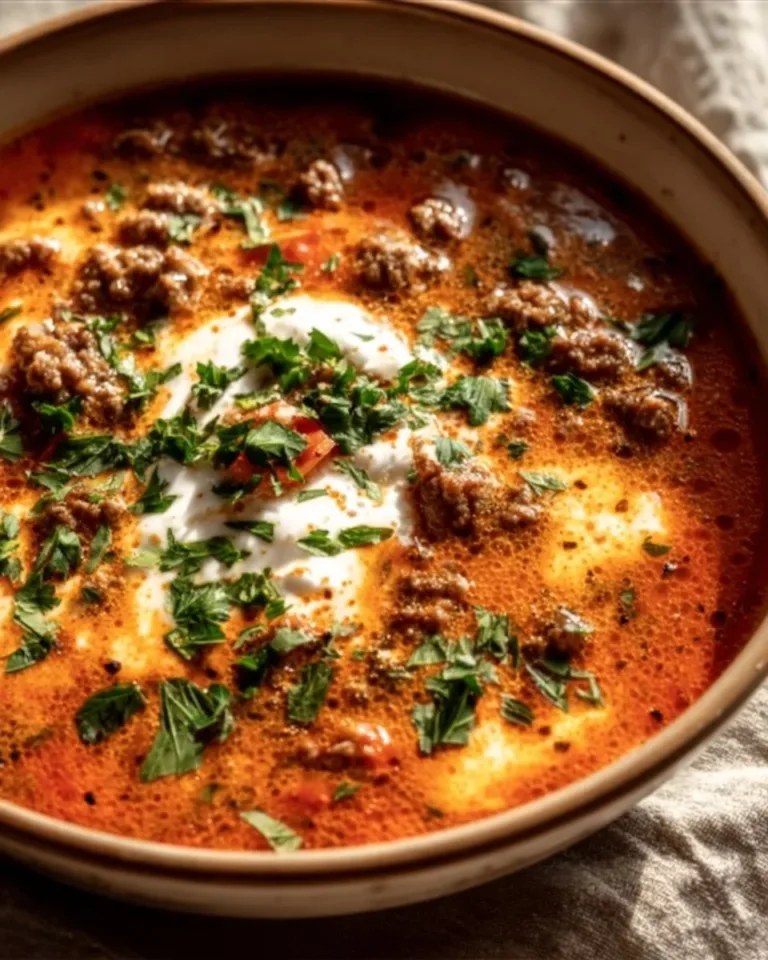 Bowl of low carb lasagna soup garnished with herbs and cheese