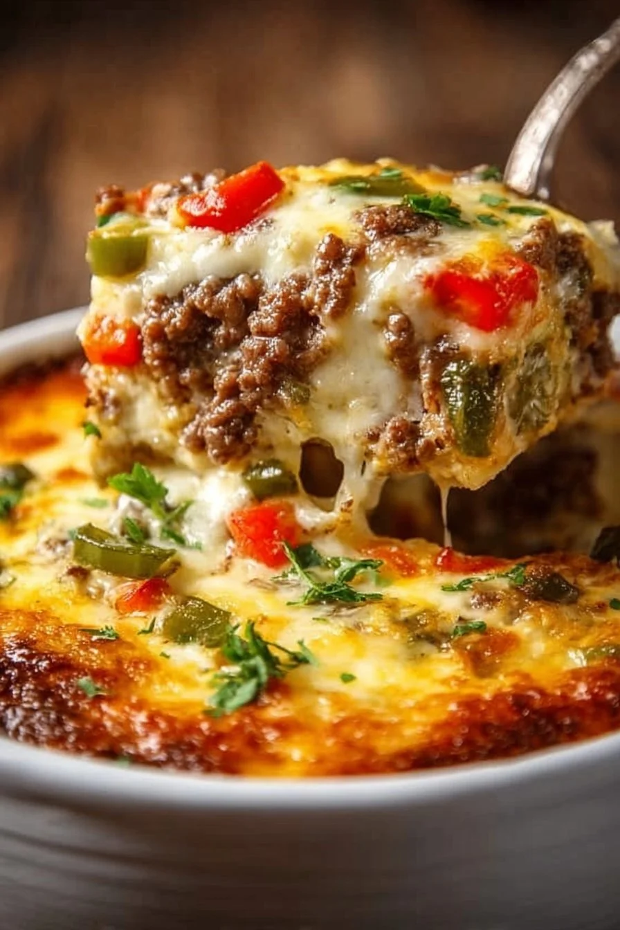 Delicious low carb Philly cheesesteak casserole dish with cheese and peppers.