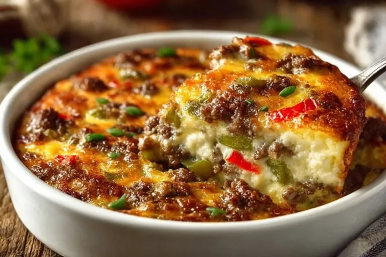 Low Carb Philly Cheesesteak Casserole served in a baking dish