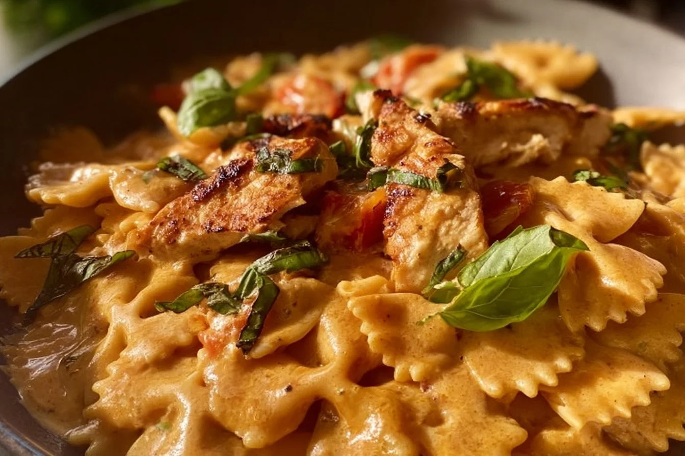 Delicious Marry Me Chicken Pasta garnished with herbs and cheese