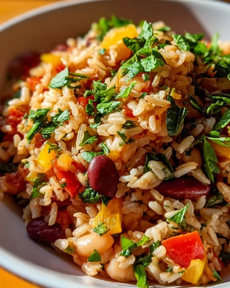 Plate of Mediterranean Rice and Beans garnished with fresh herbs