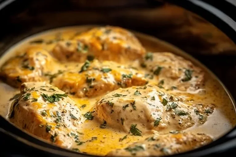 Creamy Ranch Chicken cooking in a CrockPot, ready to serve for dinner