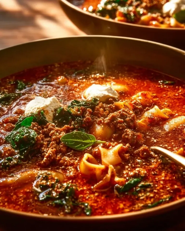 Bowl of mouthwatering one pot lasagna soup with cheese and herbs