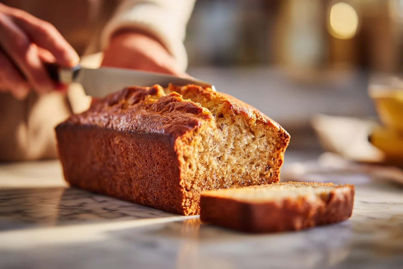 Delicious slice of one bowl banana bread topped with walnuts