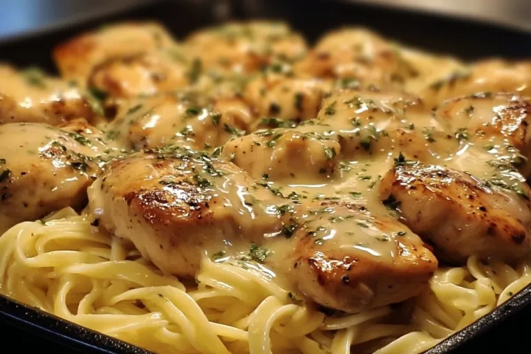 One-Pan Chicken with Buttered Noodles plated and garnished.