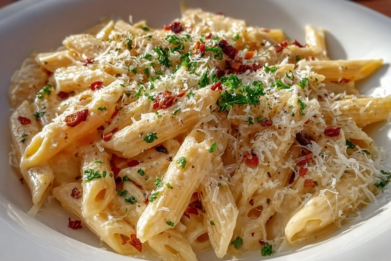 Creamy garlic pasta cooked in one pot for easy weeknight dinner