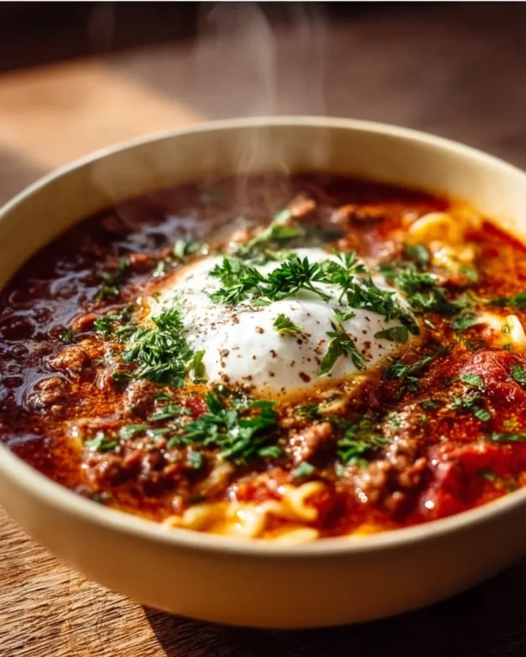 Delicious one pot lasagna soup served in a bowl with cheese and herbs