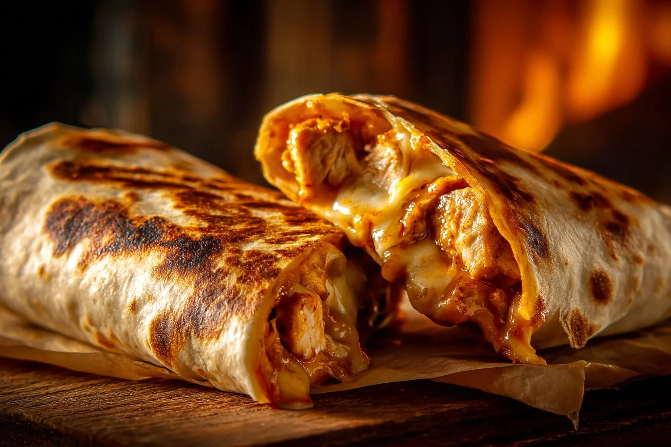 Delicious cheesy garlic chicken wraps on a plate, ready to enjoy.