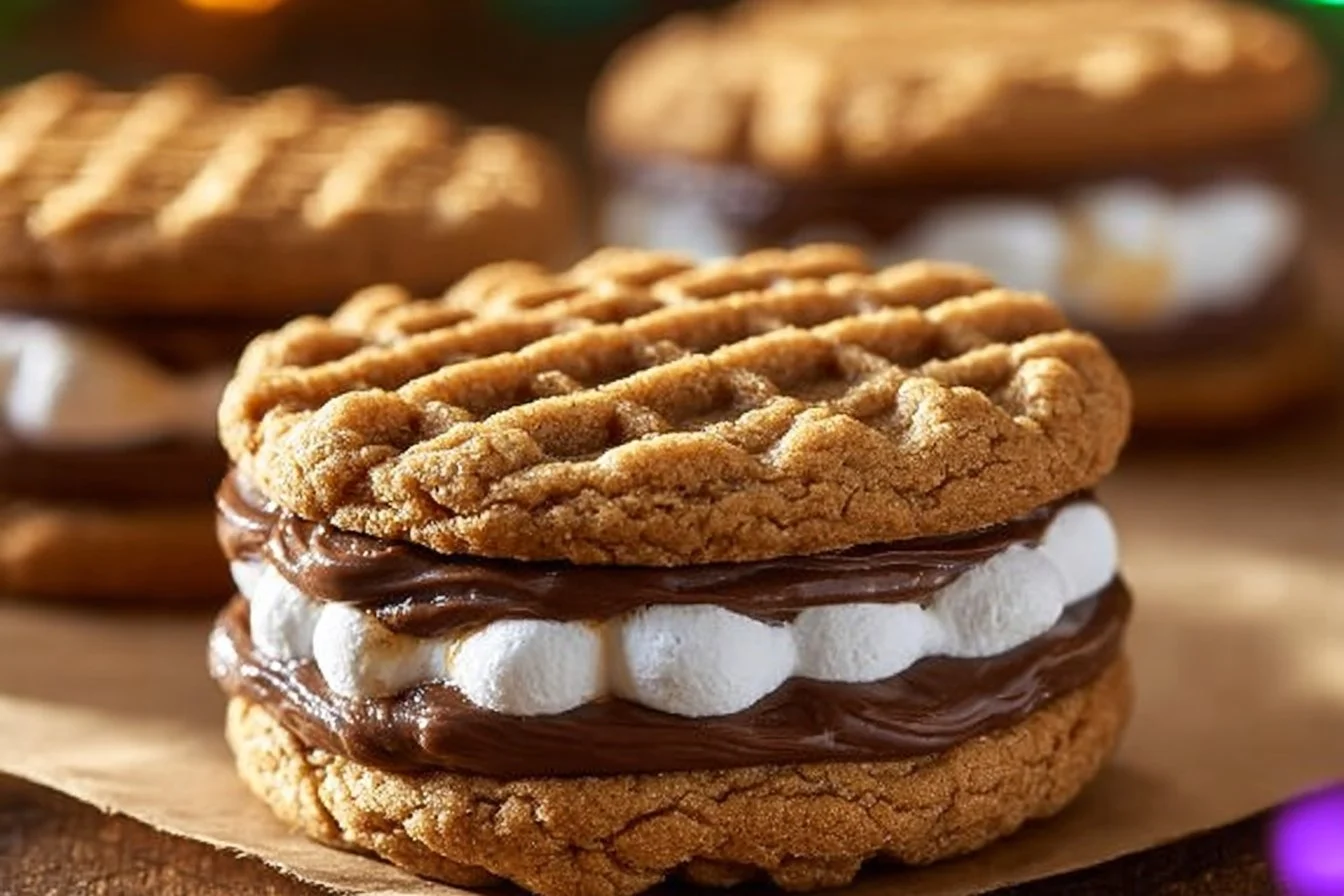 Peanut Butter S'mores Sandwich Cookies with chocolate and marshmallow filling.