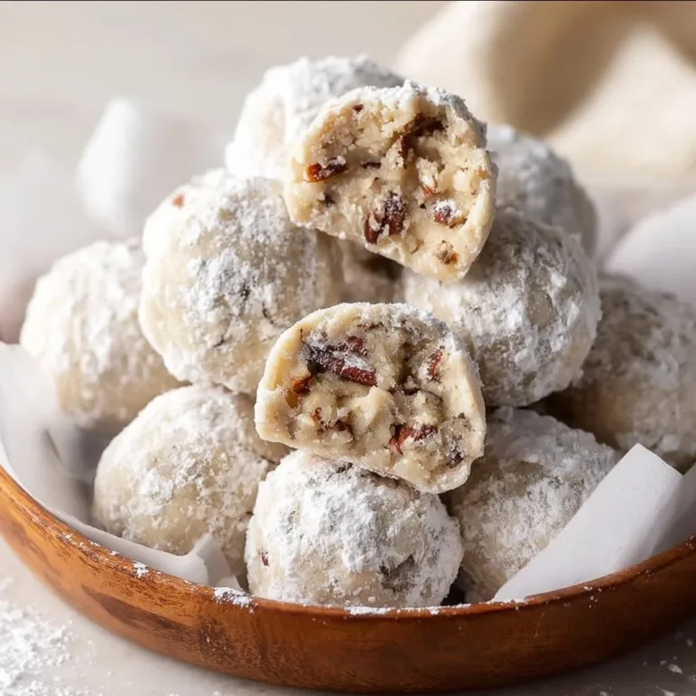 Plate of delicious Pecan Snowball Cookies dusted with powdered sugar