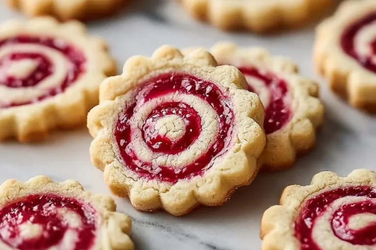 Perfect raspberry swirl shortbread cookies on a decorative plate.