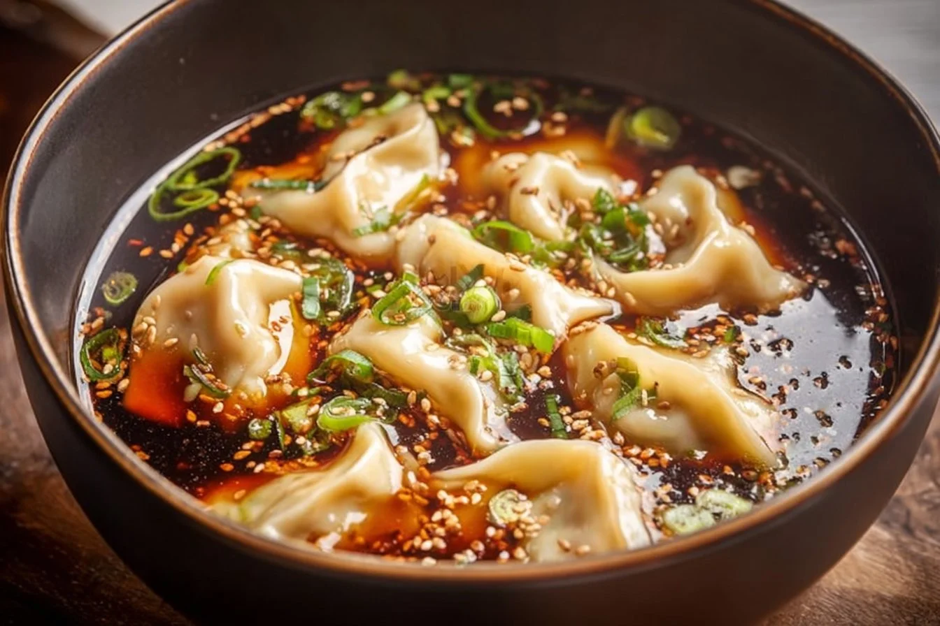 Bowl of delicious Potsticker Soup garnished with fresh herbs.