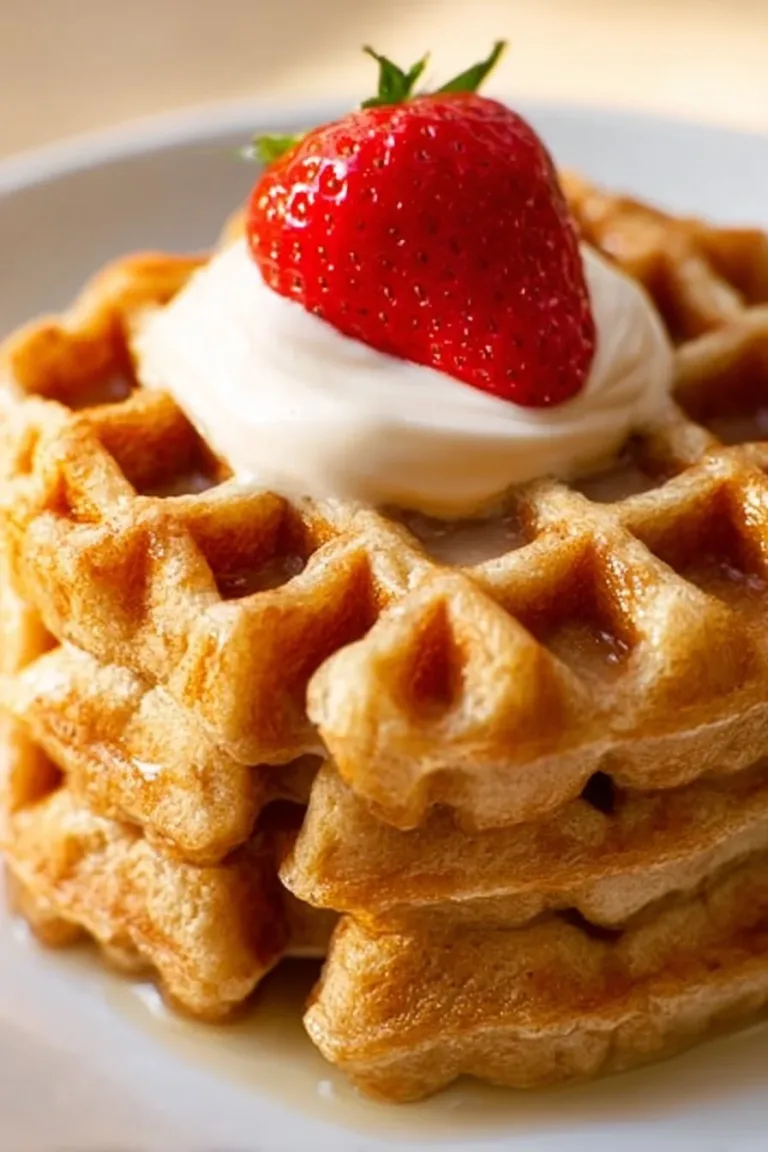 Delicious homemade protein waffles topped with fresh fruits and syrup