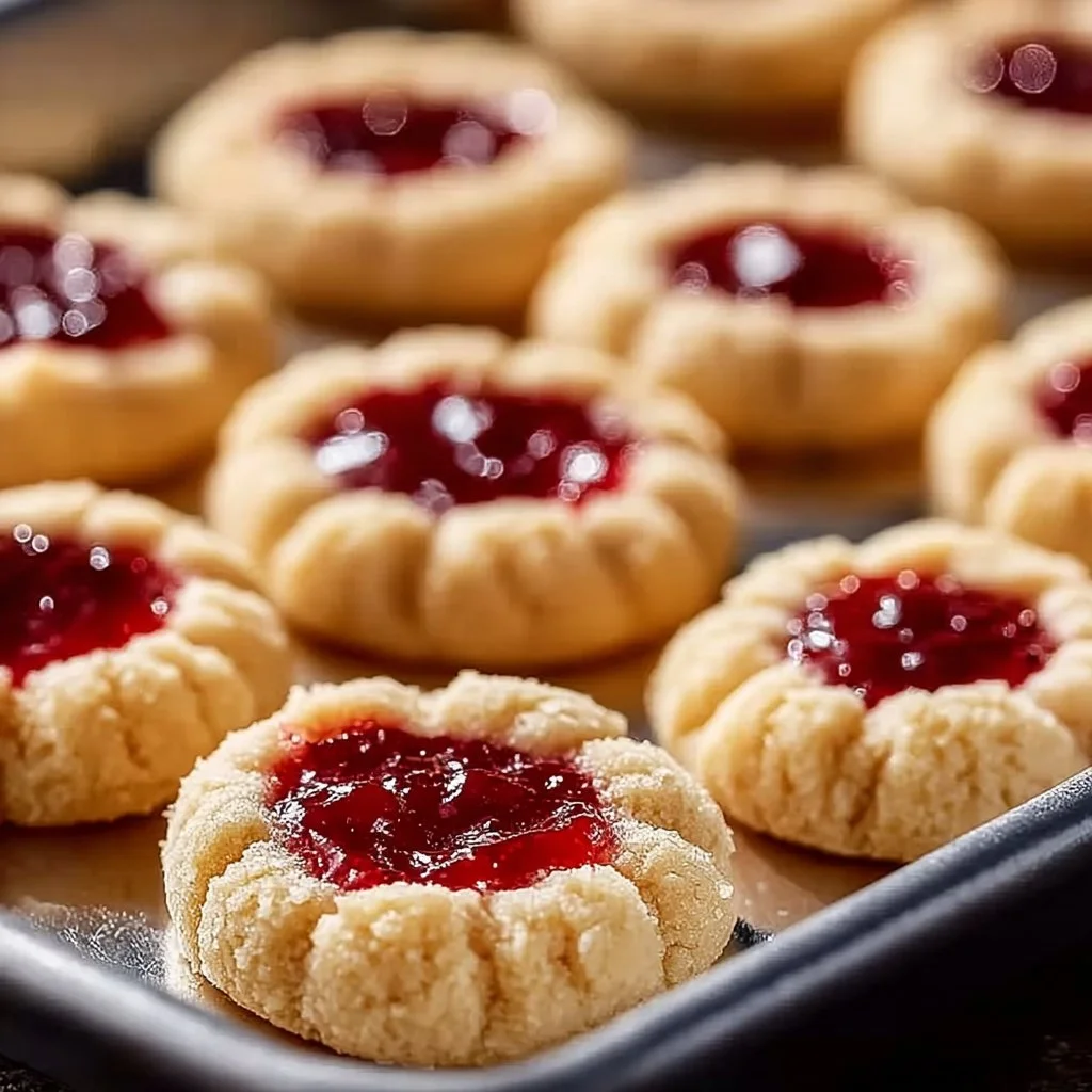 Raspberry Almond Shortbread Thumbprint Cookies arranged on a plate