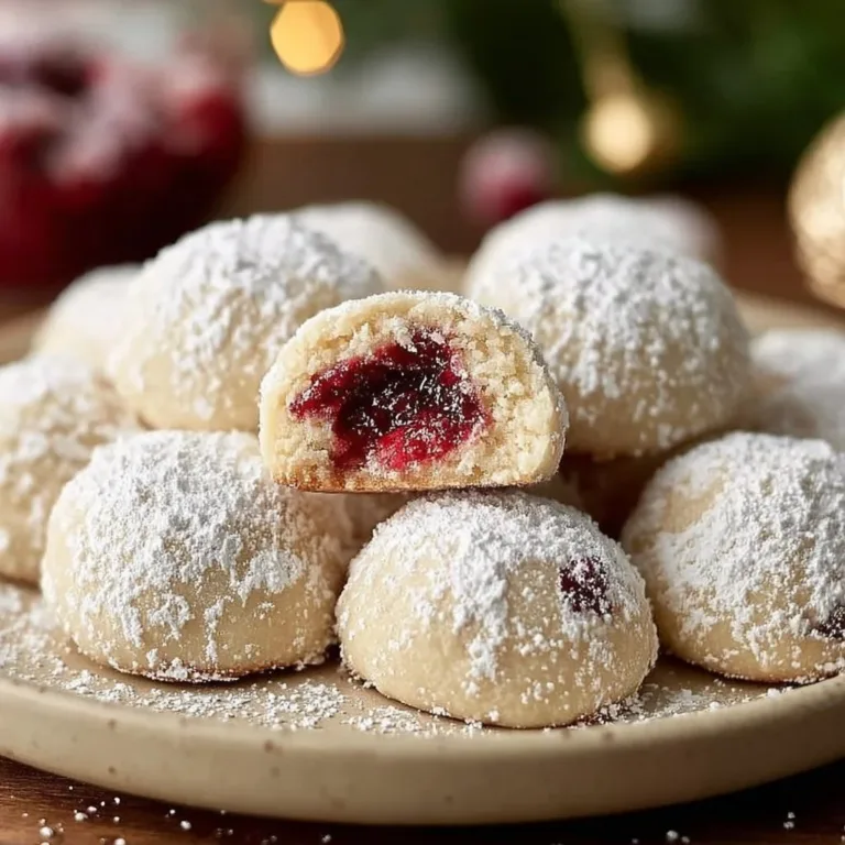 Raspberry Almond Snowball Cookies dusted with powdered sugar on a plate