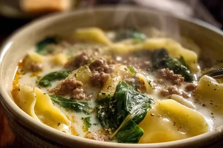 Bowl of Sausage and Spinach Lasagna Soup garnished with herbs