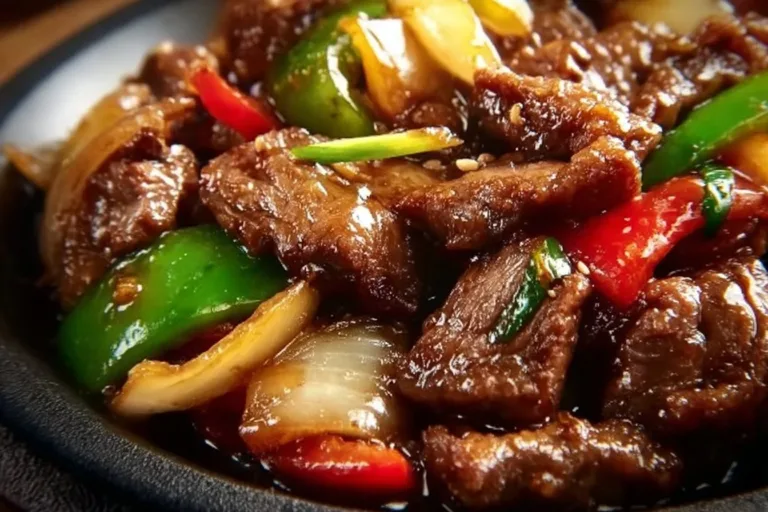 Sizzling Chinese pepper steak with onions served on a plate